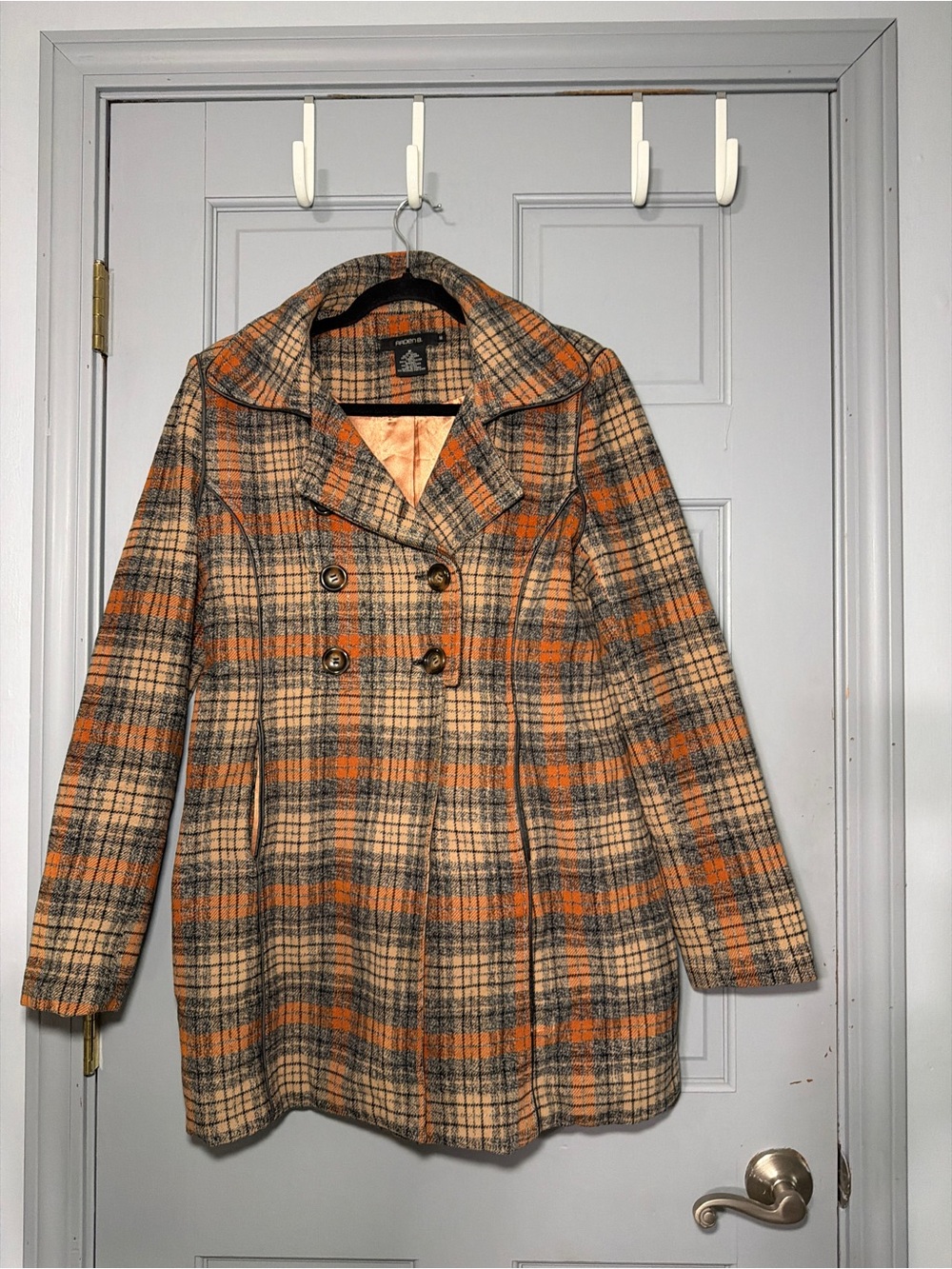 Arden B Orange and Cream Plaid Double-Breasted wool angora Pea Coat